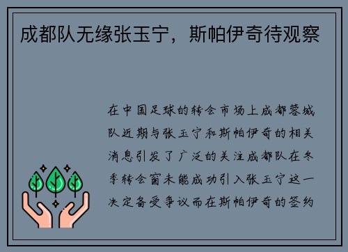 成都队无缘张玉宁，斯帕伊奇待观察