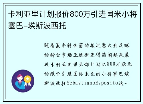 卡利亚里计划报价800万引进国米小将塞巴-埃斯波西托
