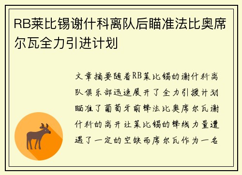 RB莱比锡谢什科离队后瞄准法比奥席尔瓦全力引进计划