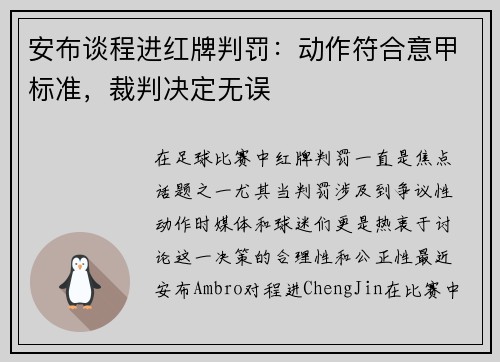 安布谈程进红牌判罚：动作符合意甲标准，裁判决定无误