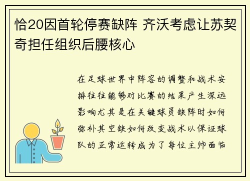 恰20因首轮停赛缺阵 齐沃考虑让苏契奇担任组织后腰核心
